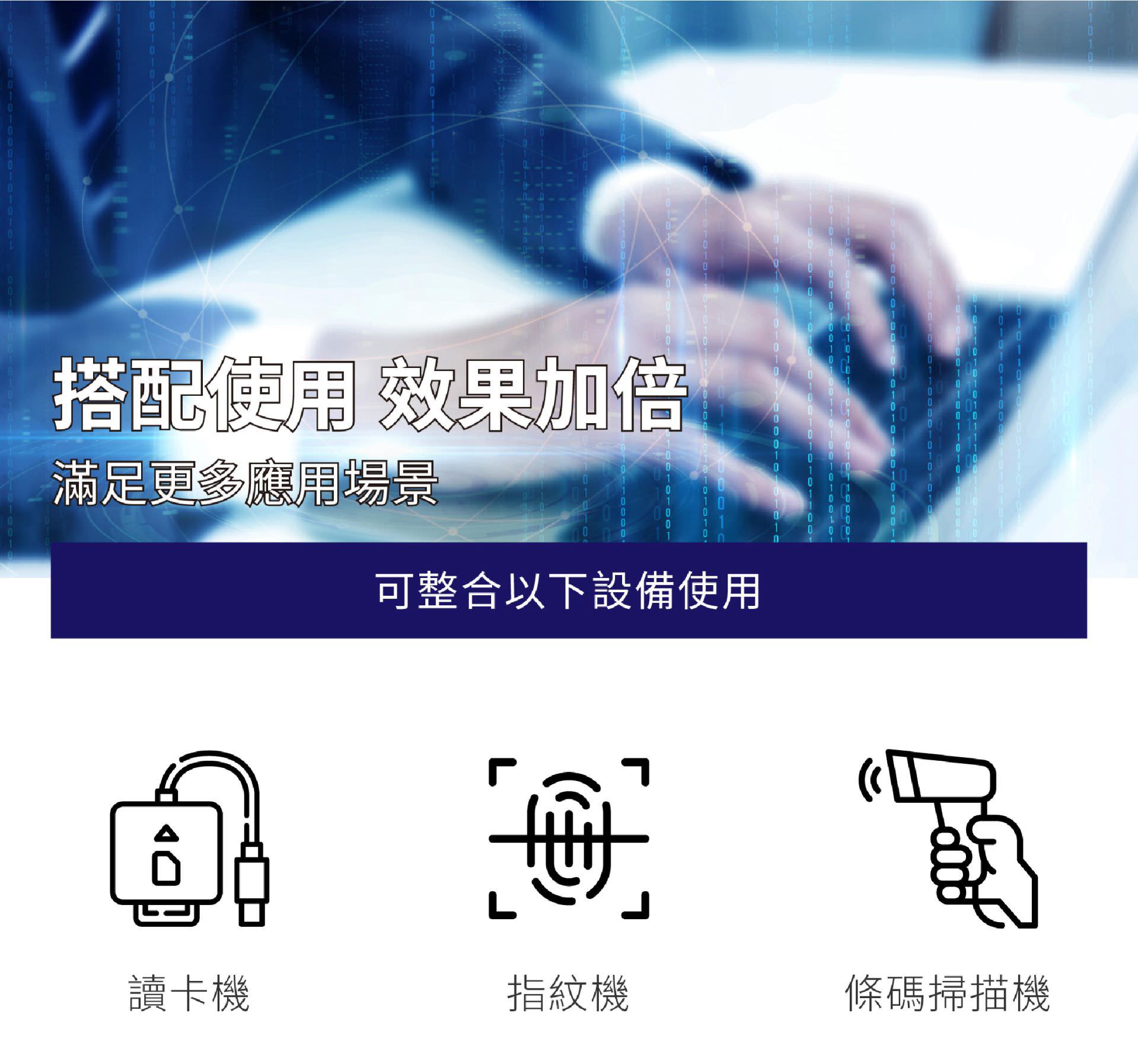 ATR可搭配读卡机、指纹机、条码扫描仪等设备使用，满足更多应用场景。
